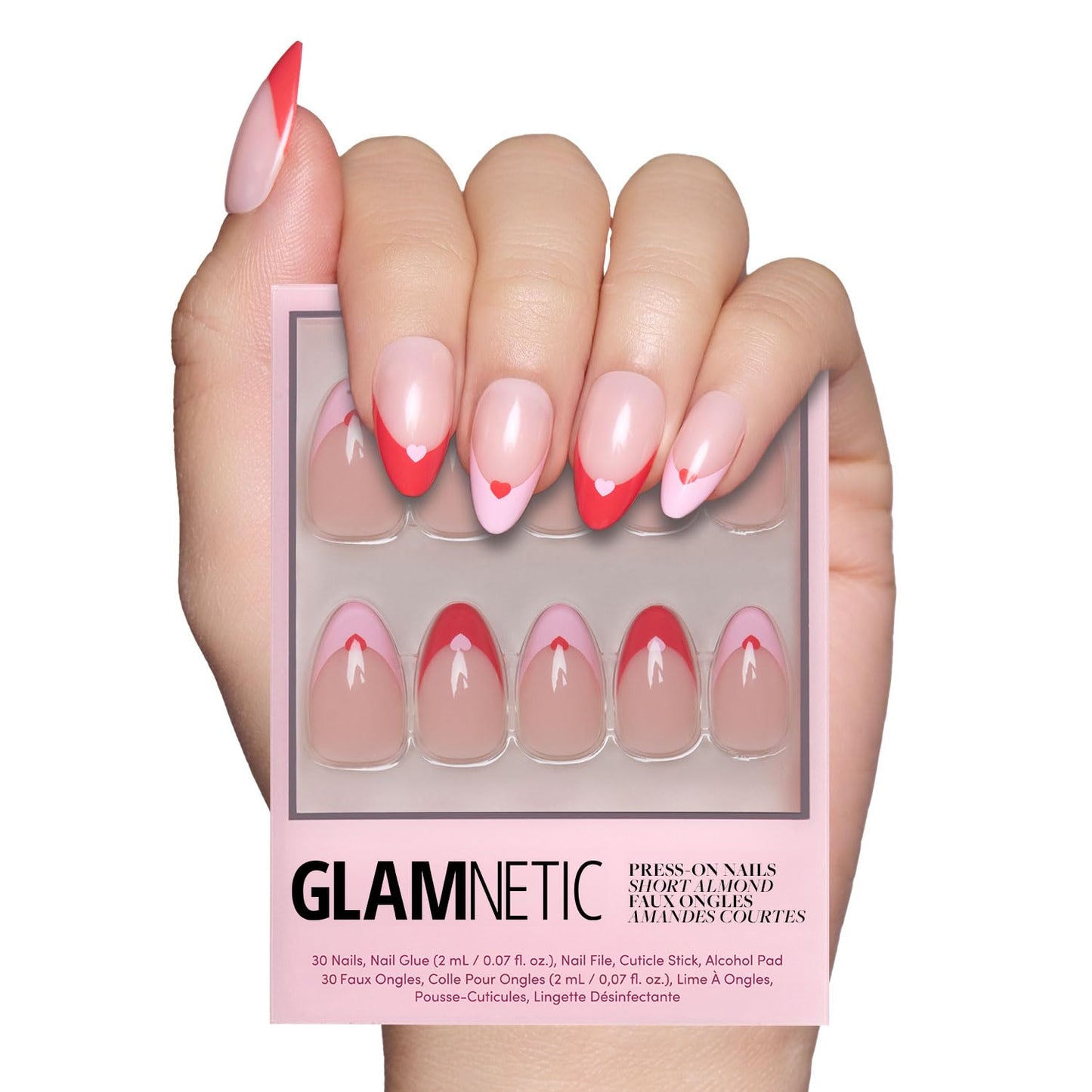 Glamnetic Press On Nails - Pure Hearted | Glossy, Semi-Transparent Short Almond Fake Nails with Heart Accents, Salon Quality | 15 Sizes - 30 Nail Kit with Glue