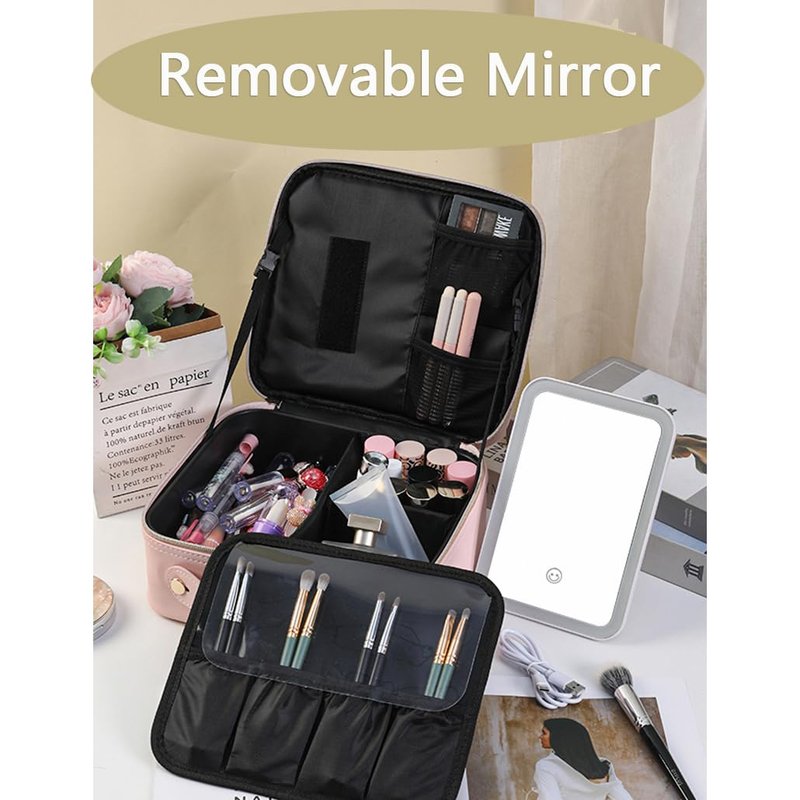 Linsiter Professional Makeup bag with Mirror and Light, Cosmetic Train Cases Waterproof PU Leather, Large Capacity, Pink