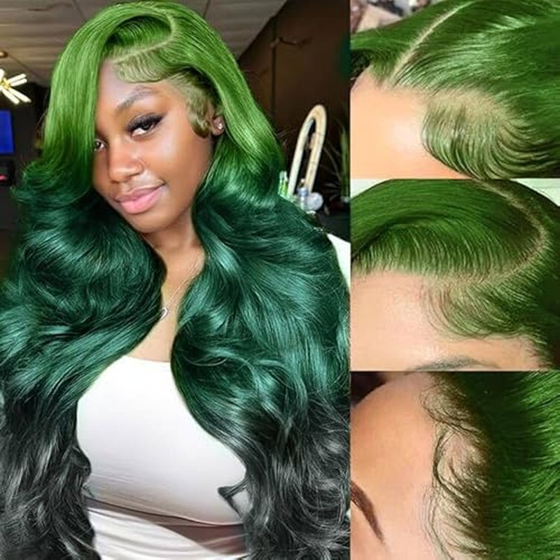 Ombre Green Lace Front Wigs Human Hair Body Wave 13x4 HD Glueless Lace Front Wig 3 Tone Light to Dark Green Colored for Fashion Women 180% Density 20 Inch