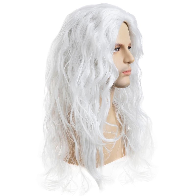Long Curly Wavy Wig for Men - Heat Resistant Synthetic Hair | White Middle Part for Daily Wear & Costumes