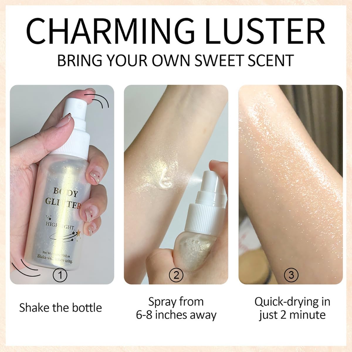 Body Glitter Spray Highlight, 4 Shimmering Color, Quick-Drying Formula Moisturizing Liquid Highlighter for Black/White Skin Women Men for Party, All Body Parts (# 03 Bronze)