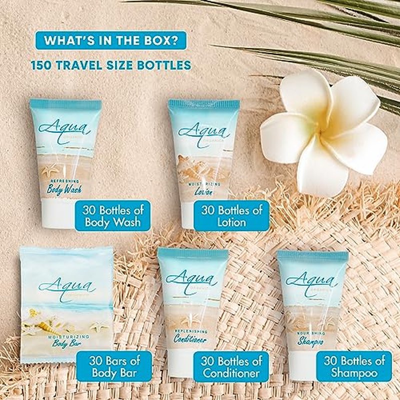 Aqua Organics Hotel Soaps & Toiletries Bulk Set | 1-Shoppe Amenities Kit | 1oz Shampoo & Conditioner, Body Wash, Lotion, 1oz Bar Soap | Travel Size | 150 Pieces
