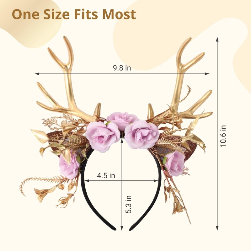 SalLady Christmas Reindeer Ear Headband - Golden Flower Antler Hairband, Woodland Floral Antler Headpiece for Women, Elk Headwear for Holiday Birthday Party Photo Props