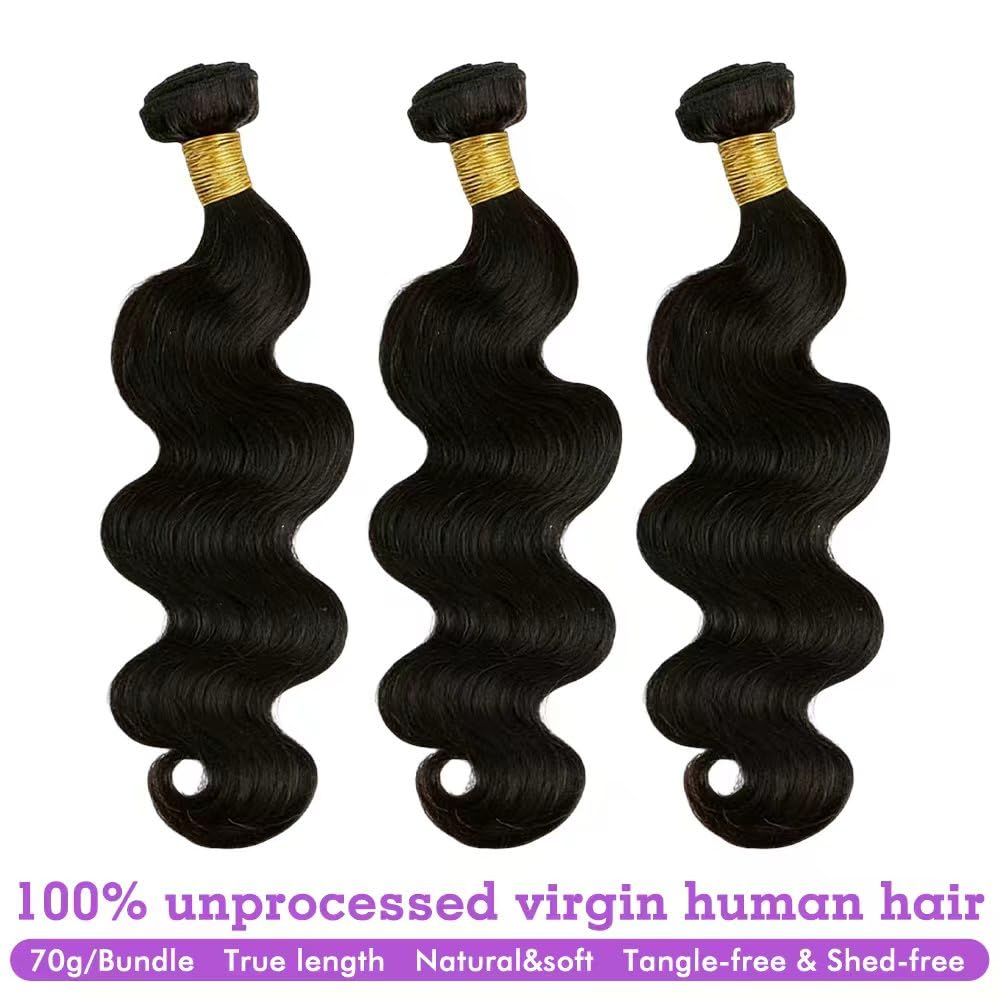 Body Wave Human Hair Bundles - 100% Unprocessed Brazilian Virgin Hair Extensions | 10, 12, 14 Inch Natural Color for Black Women