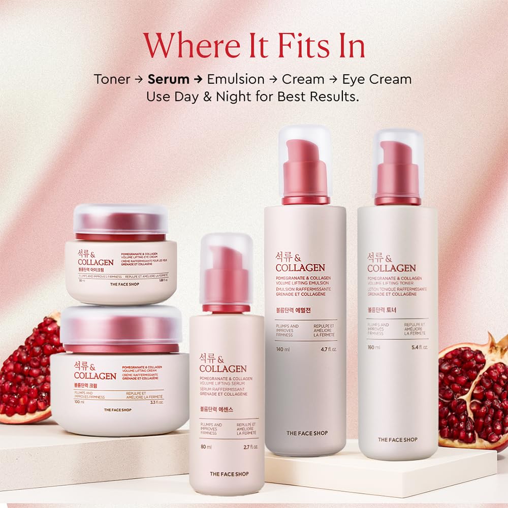 The Face Shop Pomegranate & Collagen Volume Lifting Serum - Helps Skin Look Firm & Supple - Reduces Fine Lines & Wrinkles - Improves Elasticity - Hydrating Lightweight Face Serum - Korean Skin Care