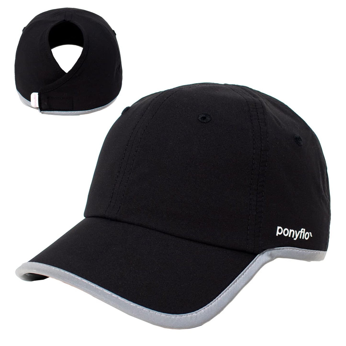 Ponyflo 360 Reflective Performance Ponytail Running Hat, Patented Women’s High Ponytail Baseball Cap, Black
