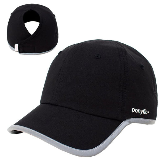 Ponyflo 360 Reflective Performance Ponytail Running Hat, Patented Women’s High Ponytail Baseball Cap, Black