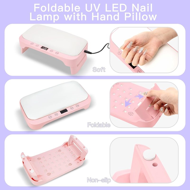 UV Nail Lamp - Professional LED Nail Light for Gel Polish | Foldable Design with Arm Rest & UV Gloves - Pink