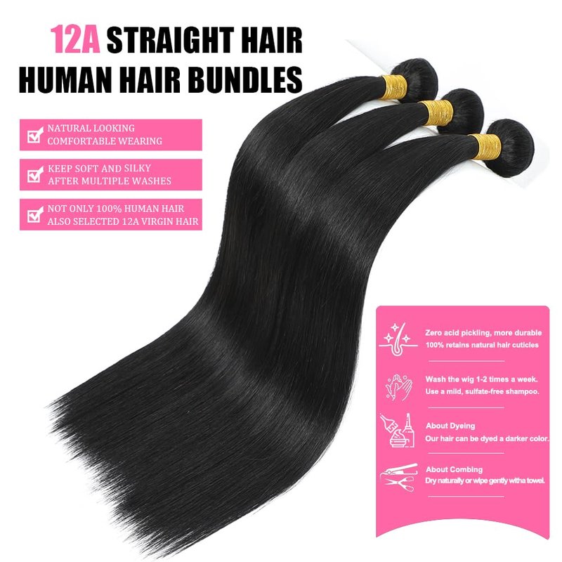 YAREESONG Straight Human Hair Bundles 12A Brazilian Human Hair 1 Bundles 100% Unprocessed Virgin Human Hair Weave Human Hair Extensions Natural Black Color 22 Inch