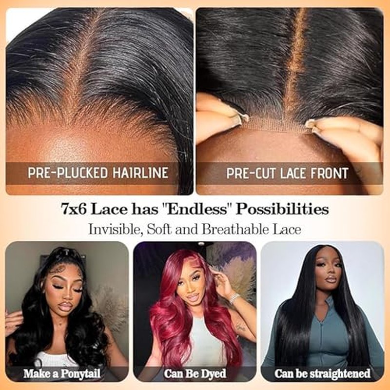 CHEETAHBEAUTY 7x6 Glueless Wigs Human Hair Pre Plucked Pre Cut 16 Inch Body Wave Lace Front Wigs Human Hair for Women 7x6 HD Lace Closure Wigs with Elastic Drawstring 200% Density Natural Color