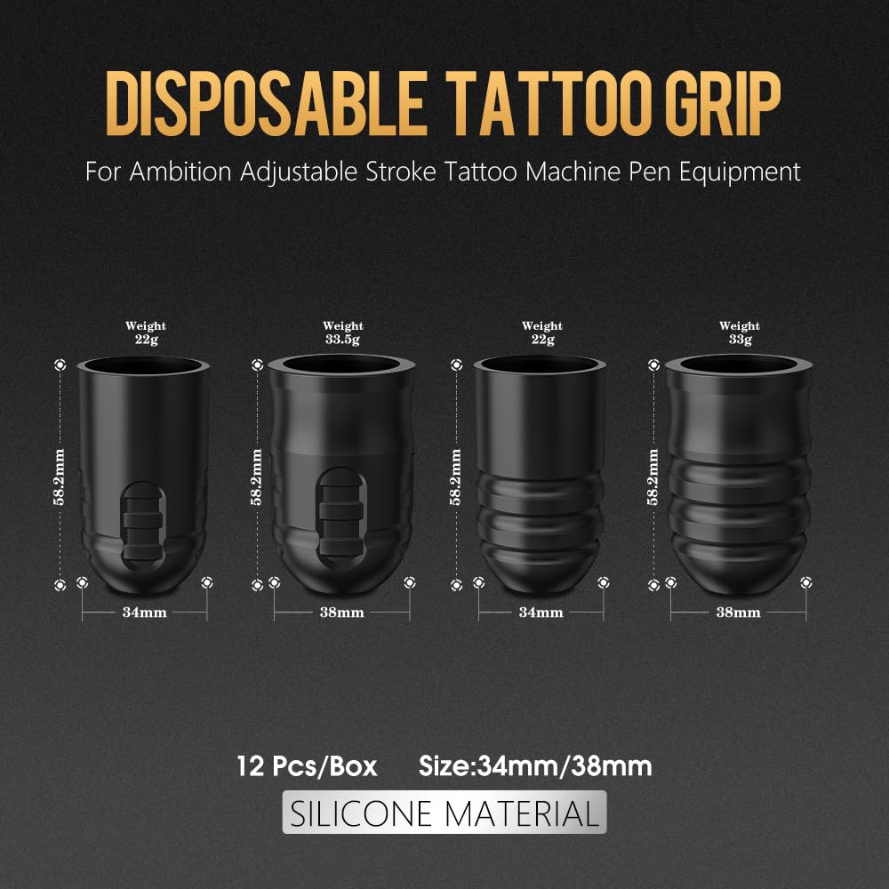 Ambition Mars-U P1 Disposable Tattoo Grips - 12Pcs 38MM Professional Tattoo Rubber Grip Cover with Click Adjust System Supply for Rotary Mars-U, Seher & Paco Tattoo Pen Machine Gun