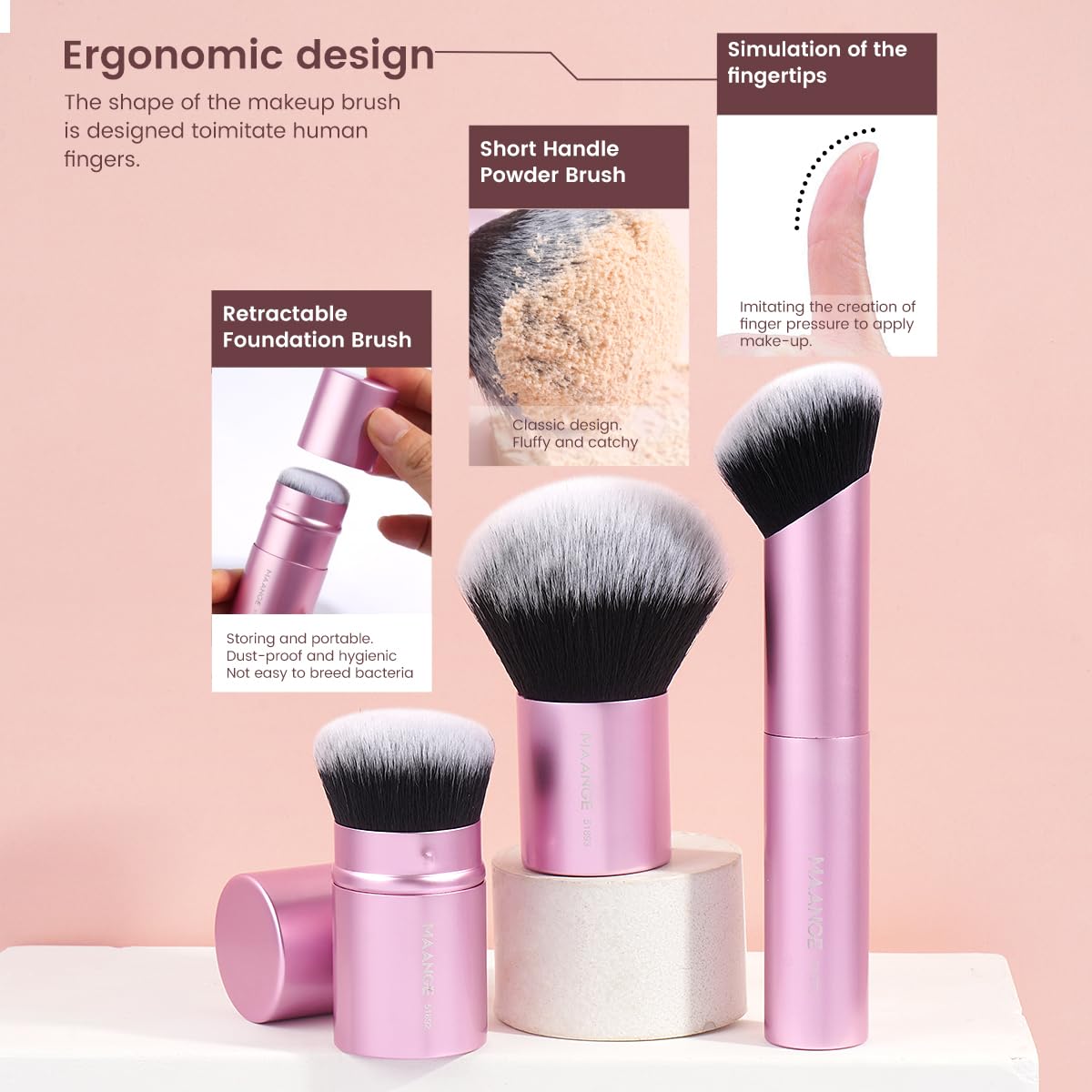 MAANGE 20 PCS Foundation Makeup Brush Set, Double-ended Kabuki Contour Brush for Liquid Powder Concealer Blending Blush Buffing Makeup Tools (Pink)
