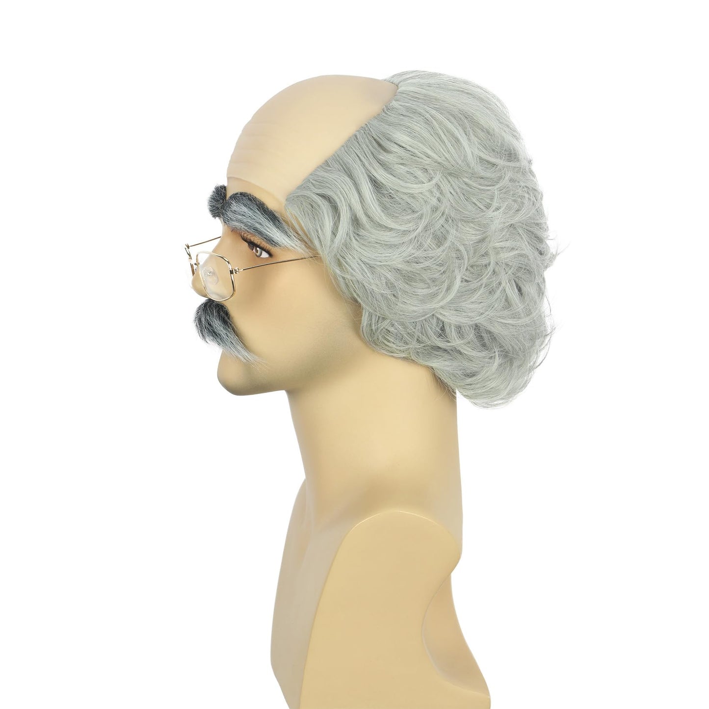 karlery Old Man Short Gray Wig with Moustache Eyebrow and Glasses Funny Grandpa Bald Cap Heat Resistant Synthetic Fiber Fluffy Soft Cosplay Event Costume Halloween Party Wig