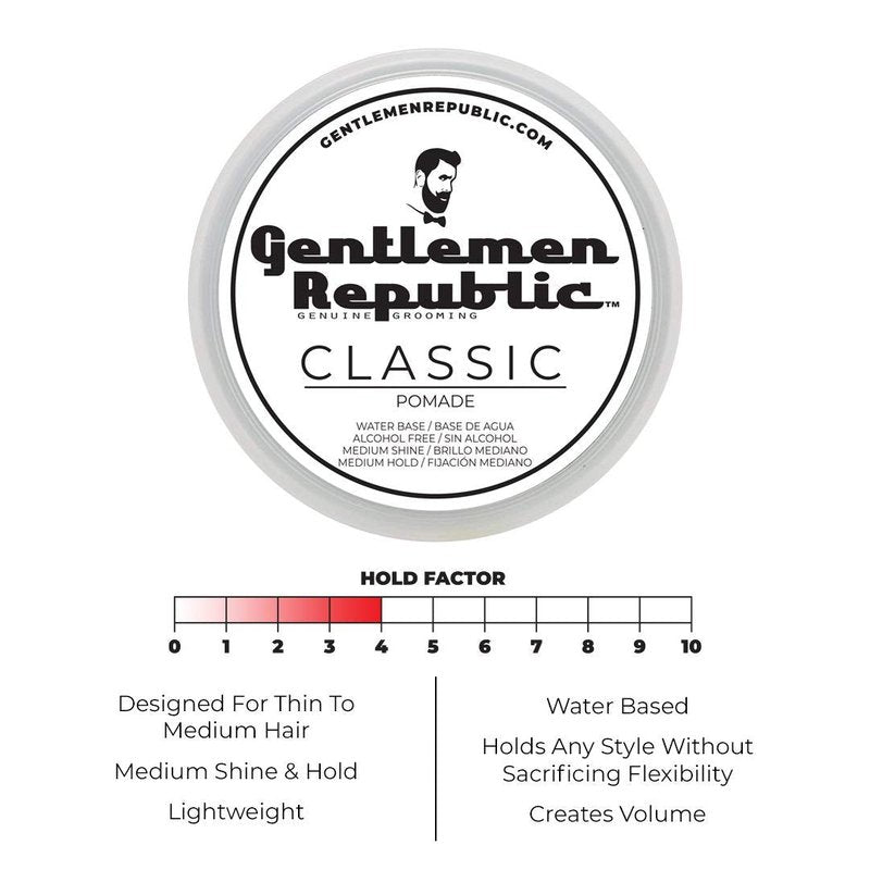 Gentlemen Republic Classic Pomade for Men - Water Based Pomade for Medium Hold & Shine, Premium Mens Hair Styling Products with No Beeswax - Ideal for Classic Styles, 4oz