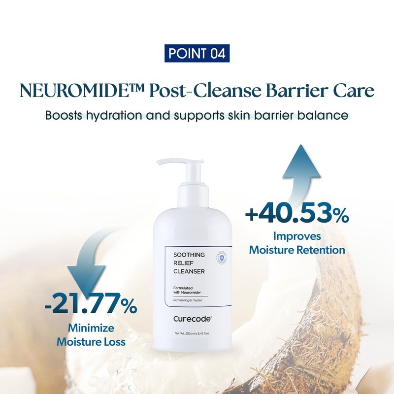 CURECODE Soothing Relief Cleanser (250ml) - Gentle foaming action with Ceramide for All Skin Types, Microbiome Science, and St. John Formula to soothe sensitive dry skin