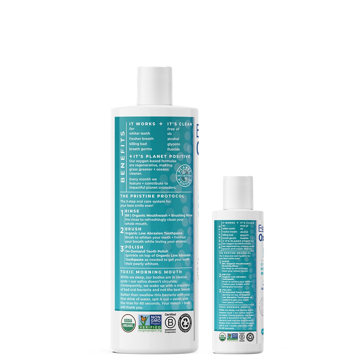 Essential Oxygen BR Certified Organic Brushing Rinse, All Natural Mouthwash for Whiter Teeth, Fresher Breath, and Happier Gums, Alcohol-Free Oral Care, Wintergreen, 2 Piece Set, 16 Oz