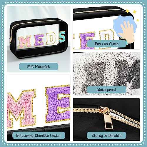 Geetery Chenille Letter Bag Nylon Portable Makeup Cases Preppy Patch with Zipper Cosmetic Toiletry Storage Bag for Women(Black,Original MEDS)