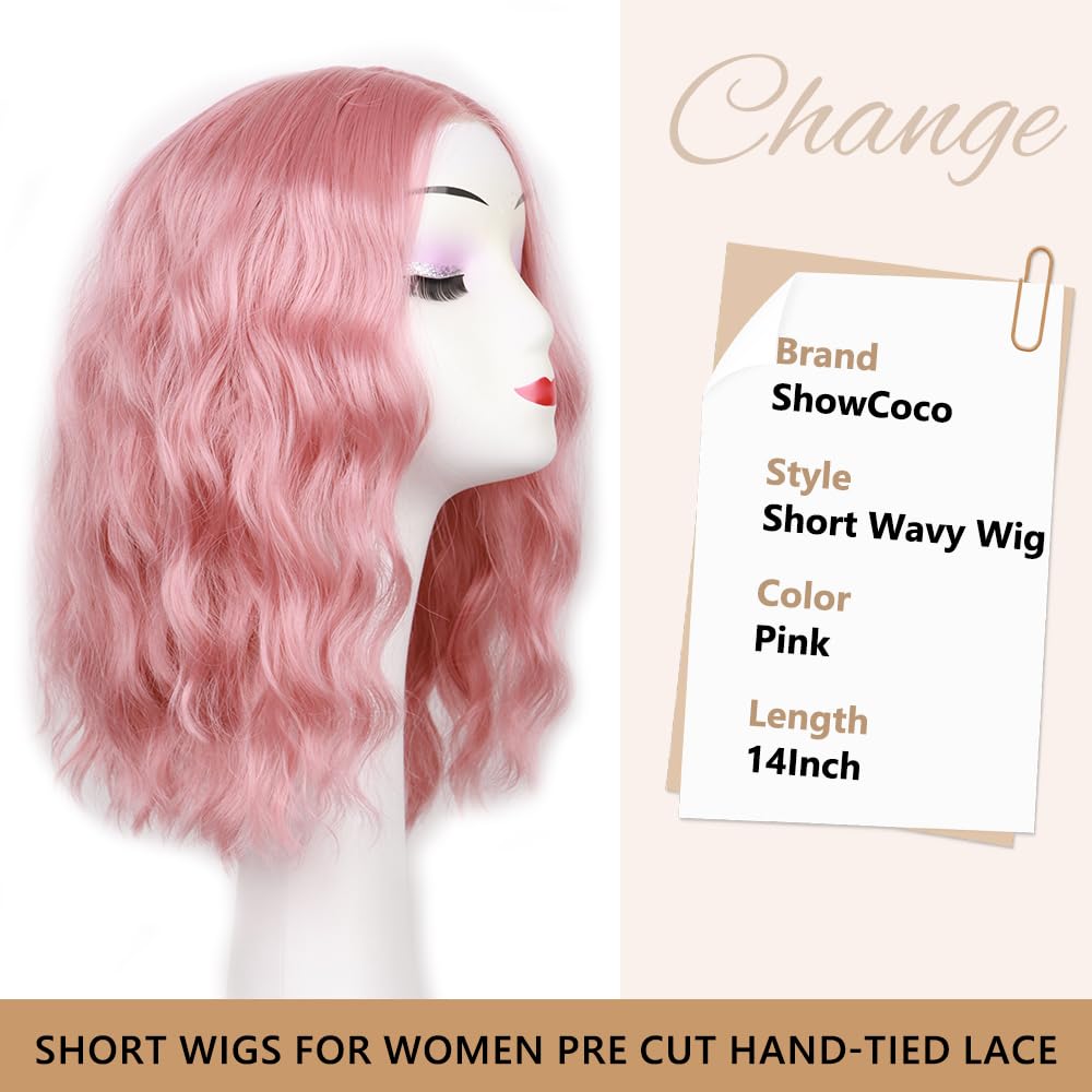 Pink Wig for Women Pre Cut Hand-Tied Lace Short Wigs for Women Wavy Natural Hairline Middle Part Hair Replacement Wigs for Beginners 14 Inch Natural Bob Style Synthetic Wig 3 Seconds Wear for Daily