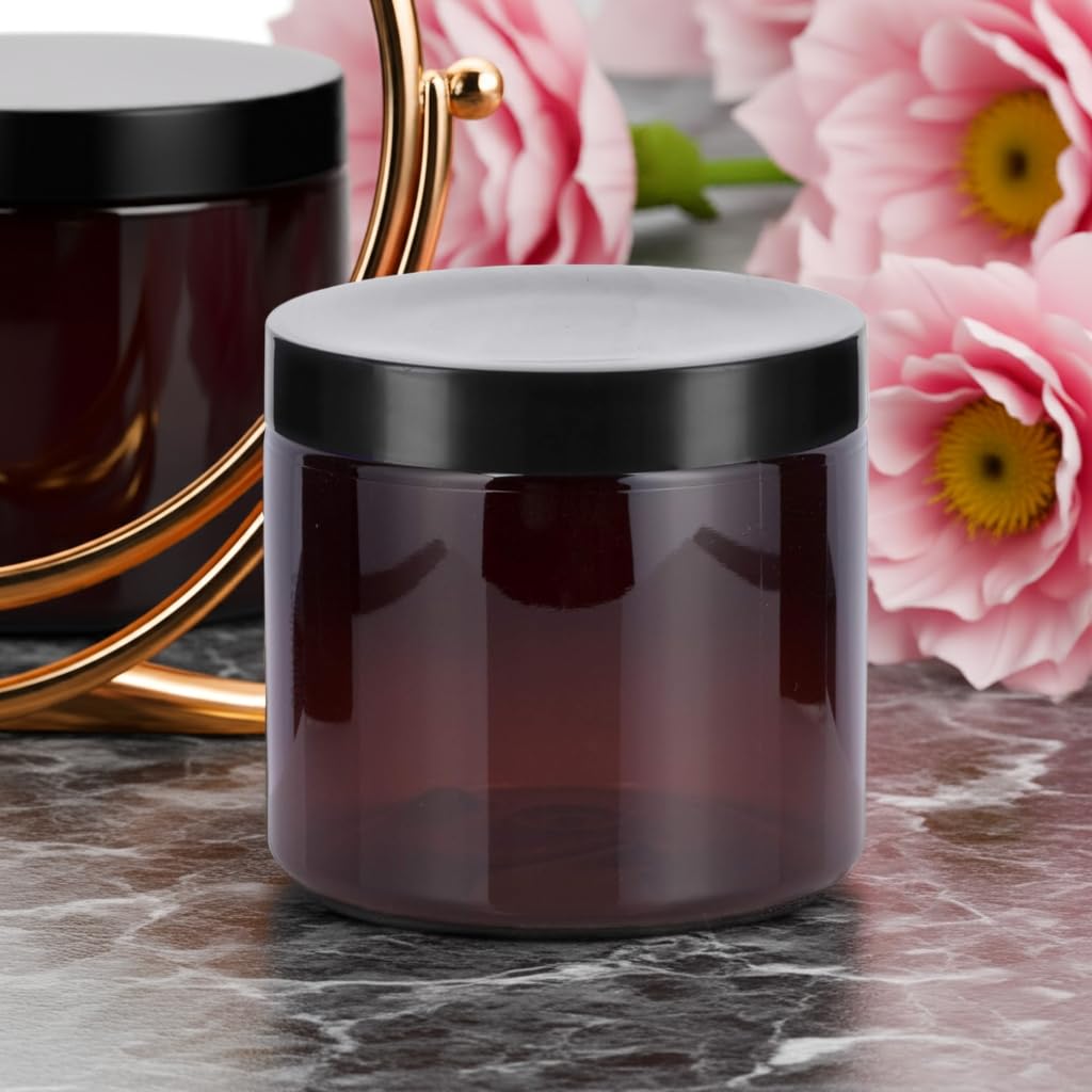 (12 pack) 6 oz Amber PET Plastic Refillable Jar with Black Lid