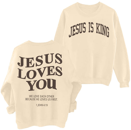 Zylkor Christian Sweatshirts for Women Jesus is King Letter Sweatshirt Jesus Loves You Sweater Beige