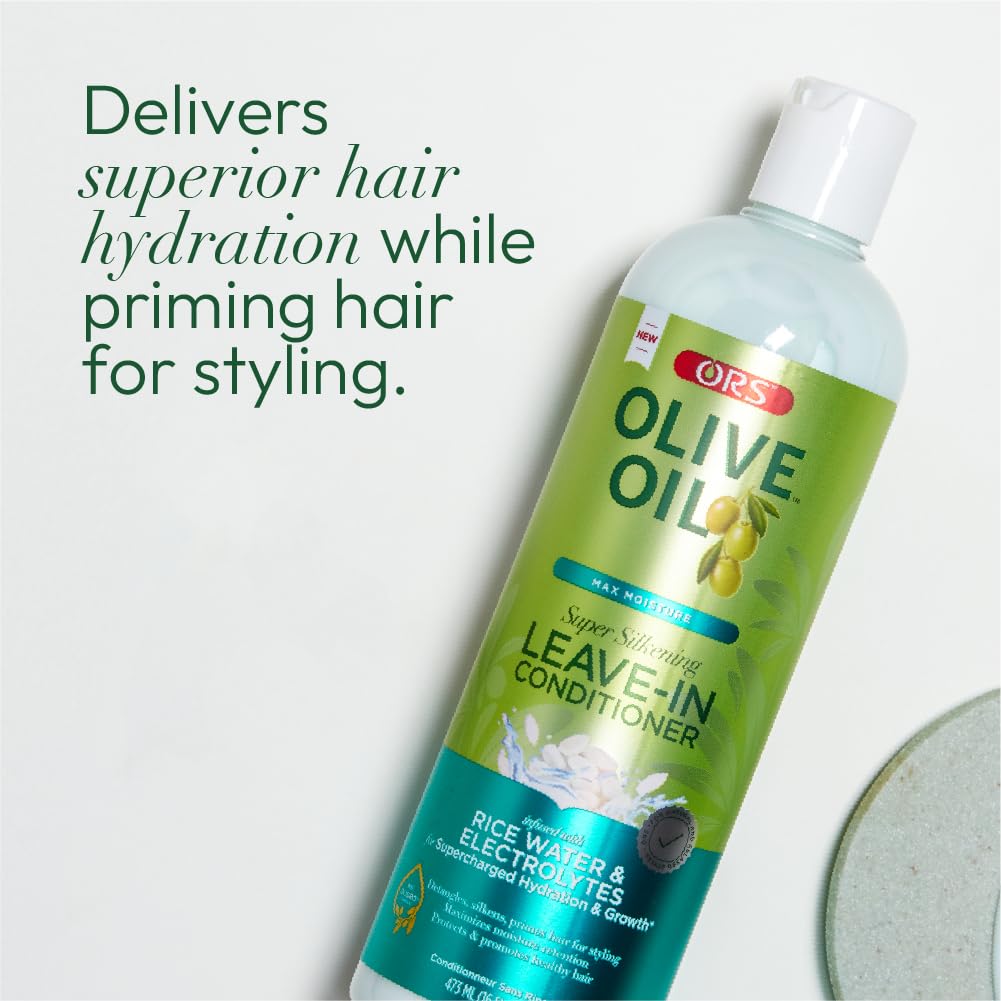ORS Olive Oil Max Moisture Leave-In Conditioner with Rice Water and Electrolytes for Supercharged Hair Hydration 16.0 Ounce (Pack of 2)