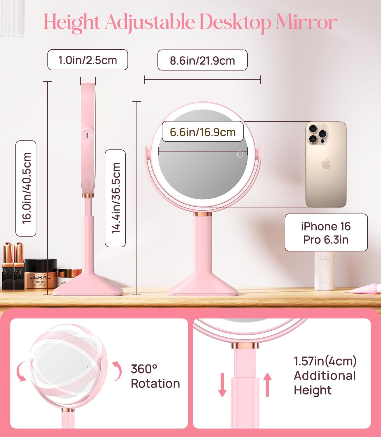 Gospire 20X Magnifying Makeup Mirror with Lights - Adjustable Height, 4000mAh Rechargeable Battery, 3 Dimmable Colors | Pink