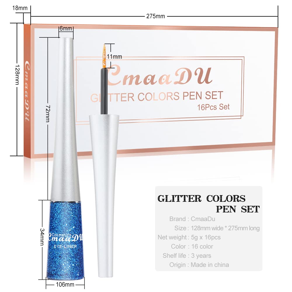 BONNIE CHOICE 16 Colors Glitter Eyeliner Liquid Set, Metallic Glitter Liquid Eyeshadow, Waterproof Long Lasting White Silver Rose Gold Pink Colorful Rainbow Eyeliners Gifts Mother's Day for Women
