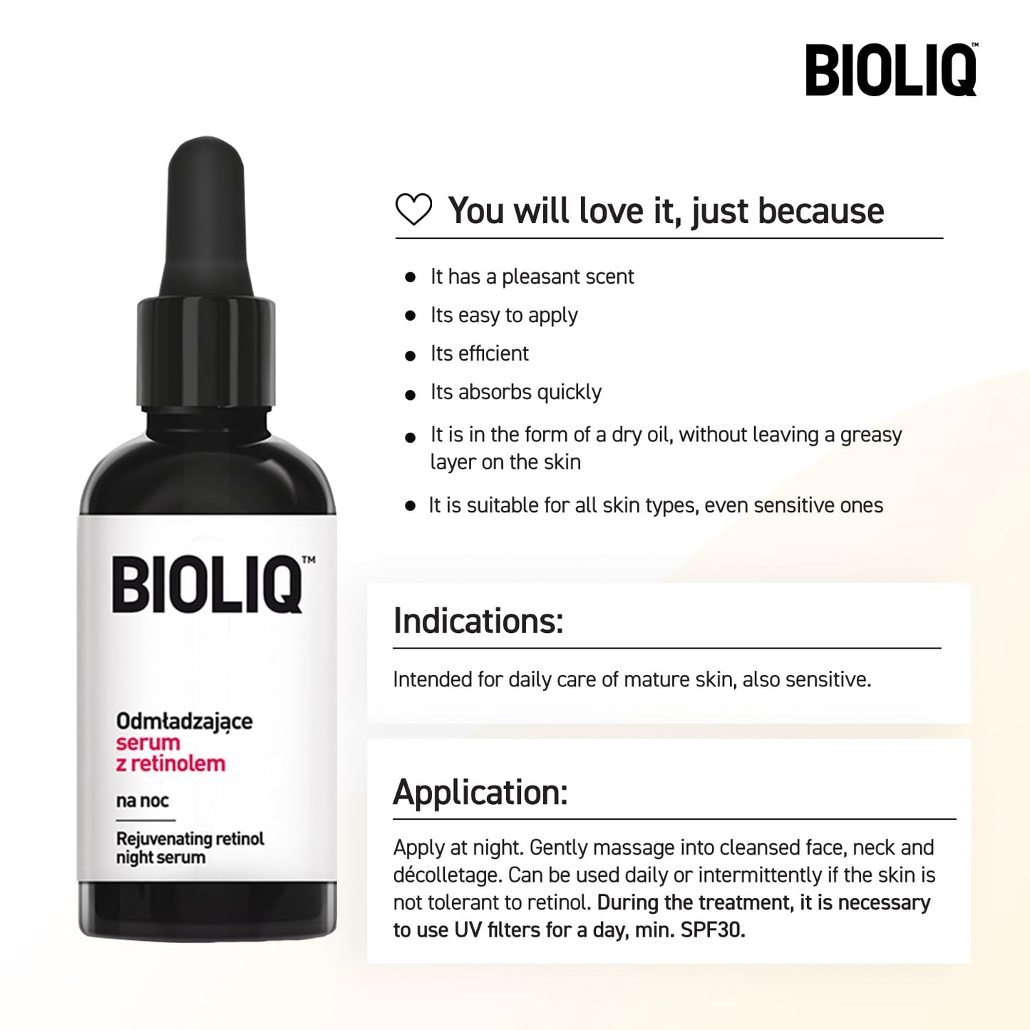Bioliq - Pro Rejuvenating Night Serum with Retinol - Advanced Formula for Skin Tightening, Pure Retinol 0.3% and HPR Retinoid Complex - 20 ml