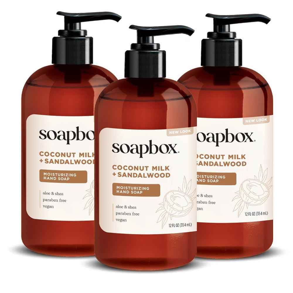 Soapbox Liquid Hand Soap, Coconut Milk & Sandalwood, Gentle & Moisturizing Hand Wash for Kitchen and Bathroom, Vegan & Cruelty Free Scented Hand Soap 12 Ounce Pump Bottles (Pack of 3)