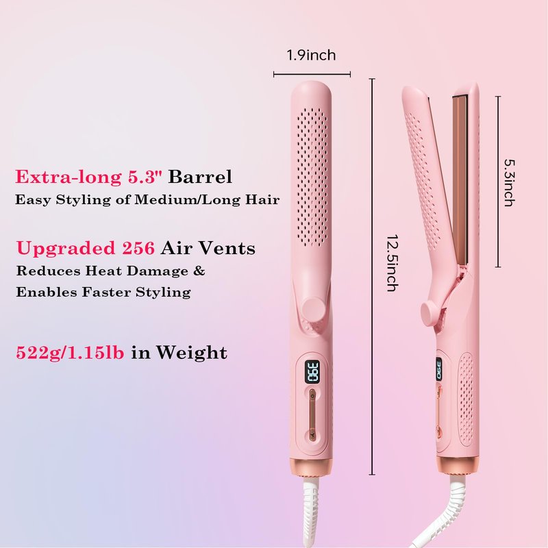 Hahahope Hair Straightener Curler 2-in-1: 1.25" Flat Iron for Women - Curling Wand 360° Airflow Cooling Vents Titanium Ionic for Less Frizz - 5 Temps & Auto Off Dual Voltage (Pink)