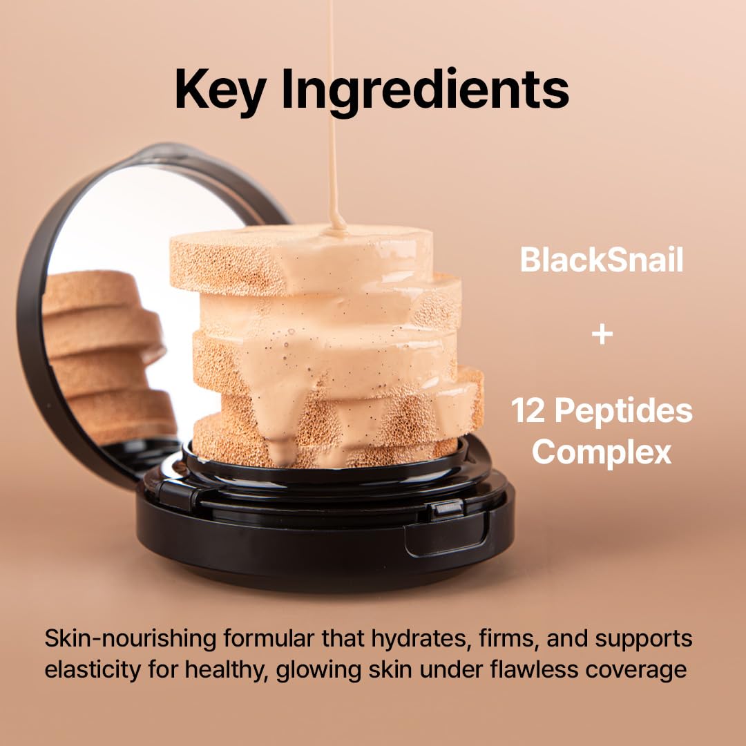 Farmstay Black Snail & Peptide 9 Perfect Cushion Foundation | Full Coverage, Lightweight, Skin-Fit, Smooth Radiant Finish, Korean Cushion Foundation (#25 Sand Beige, 0.53 Fl Oz)