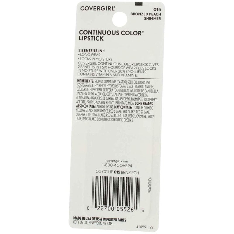 CoverGirl Continuous Color Lipstick - Bronzed Peach | Long-Lasting, Moisturizing Formula, 0.13 oz (Pack of 3)