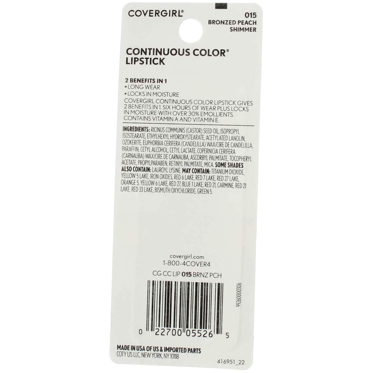 COVERGIRL Continuous Color Lipstick, Bronzed Peach [015], 13 Ounce