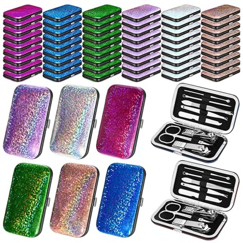 60 Pack Manicure Set Bulk Gifts Stainless Steel Nail Clipper Set with Case 8 in 1 Personal Pedicure Kit for Women Men Gifts for Christmas(Mix Color,Laser)