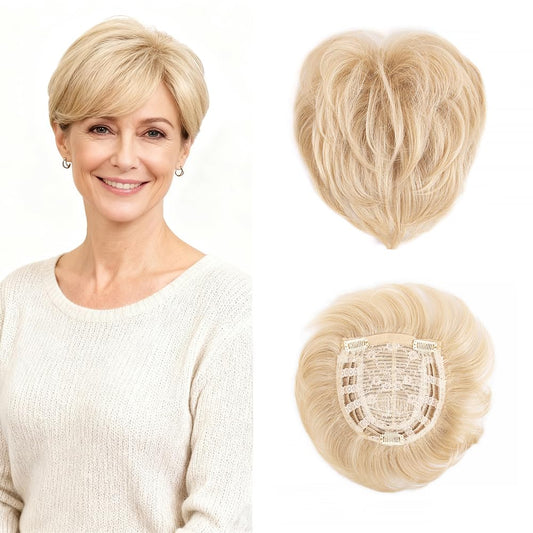 MyLike 5.5 Inch Pixie Cut Synthetic Hair Topper, Natural Curly Clip In Silk Base Short Hair Piece for Women Thinning Hair, Golden Blonde Daily Wiglet
