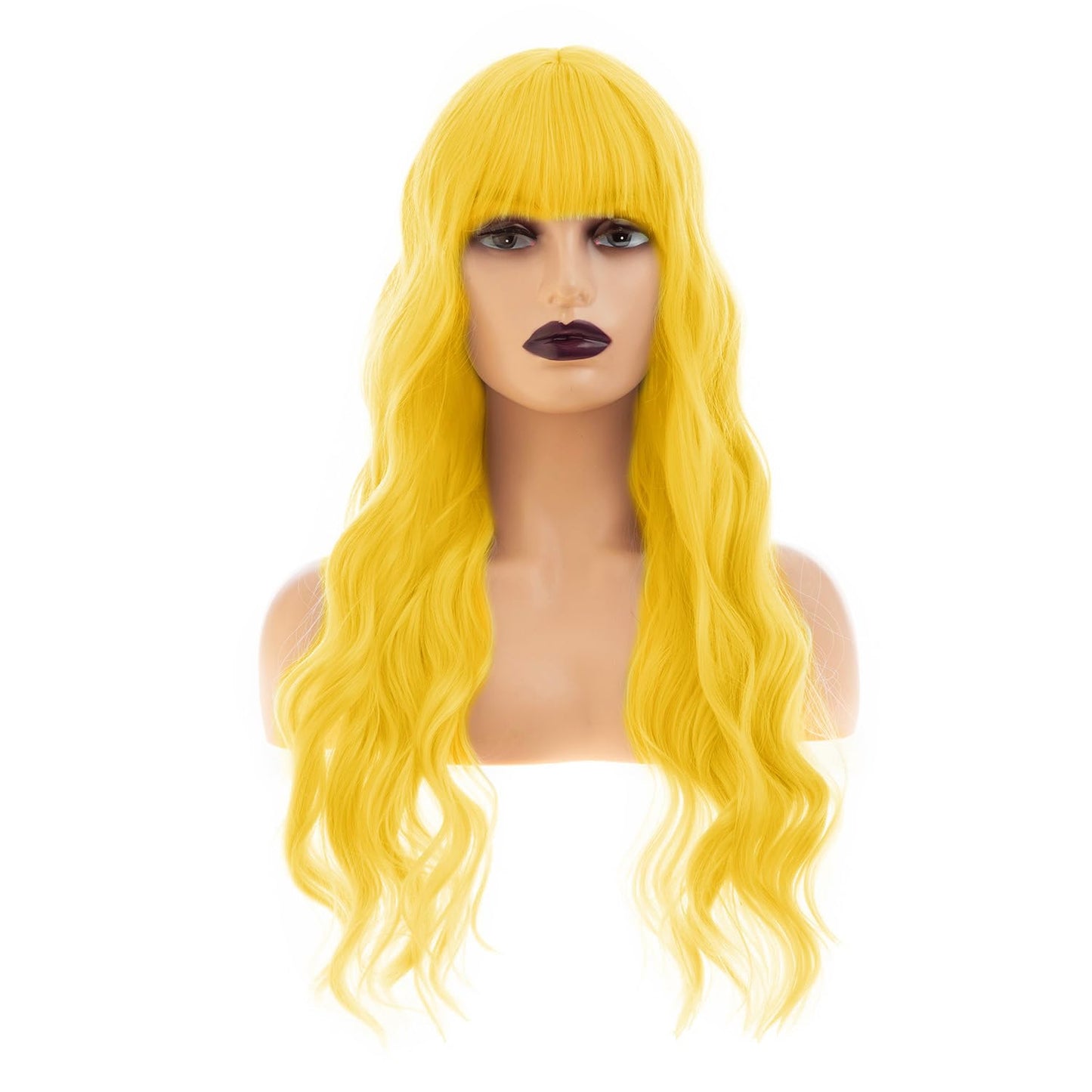 Sallcks Womens Long Curly Wavy Yellow Wigs With Bangs Cute Colorful Cosplay Custome Halloween Synthetic Wigs