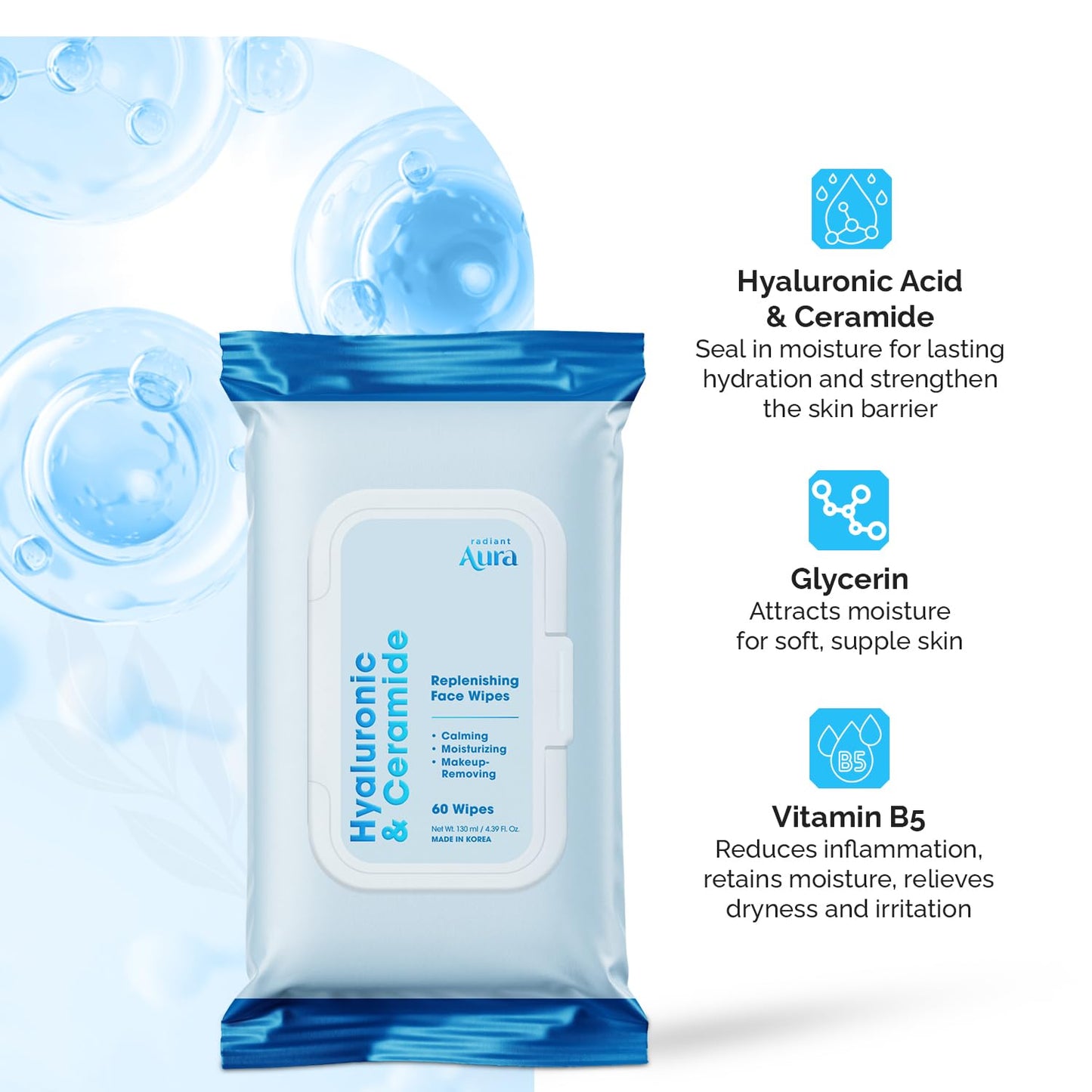 Radiant Aura Hyaluronic Acid & Ceramide Face Wipes – Dermatologist Tested, Anti-Aging, Korean Skin Care – Removes Makeup, Deep Hydration, Strengthens Skin Barrier – Vegan, Clean Beauty – 240 Count