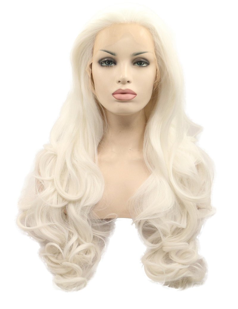morvally 24" Long Wavy 60# Platinum Blonde Glueless Lace Front Wig Free Part Natural Straight Heat Resistant Synthetic Hair Wigs