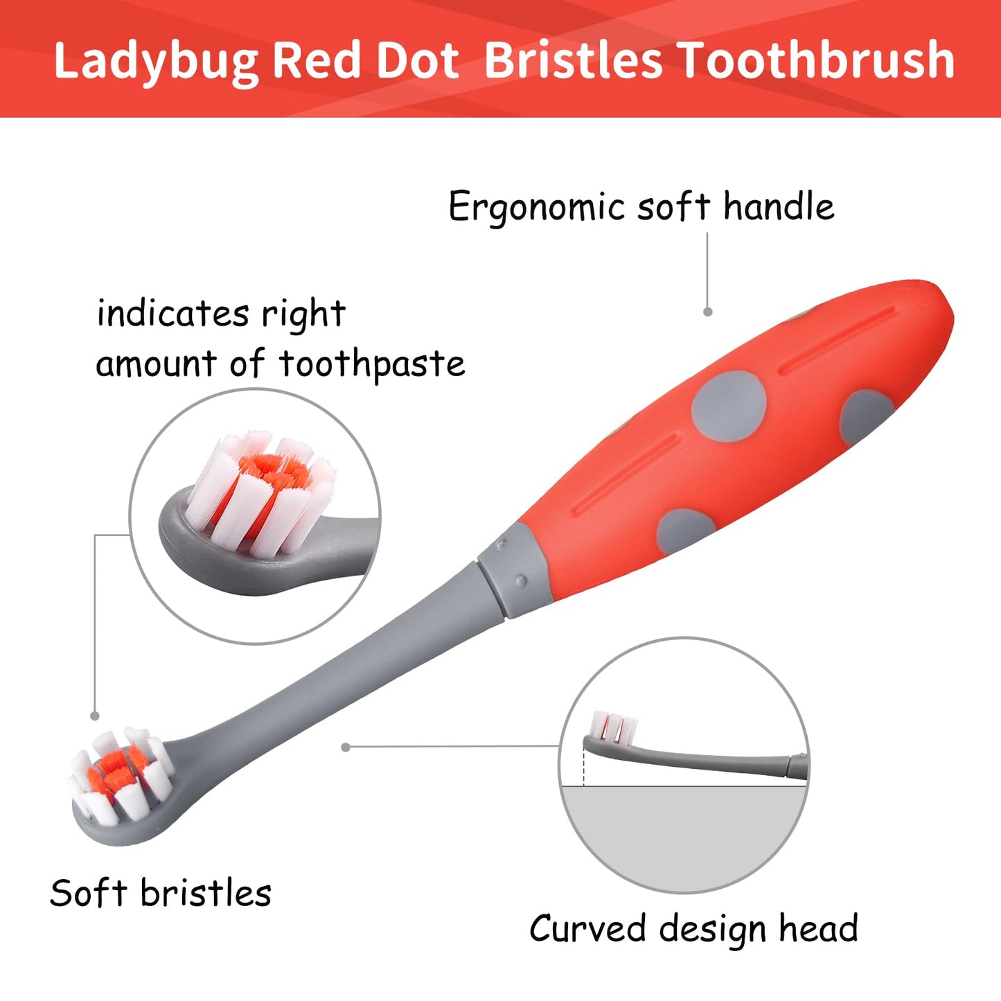 Mombella Ladybug Toddler Toothbrush for 2 Years+, Soft Red Dot Bristle Kids Toothbrush Age 2-4, Easy to Use, Oral Hygiene Care for Infant Teeth and Gums, Safe and Sturdy, 1pc