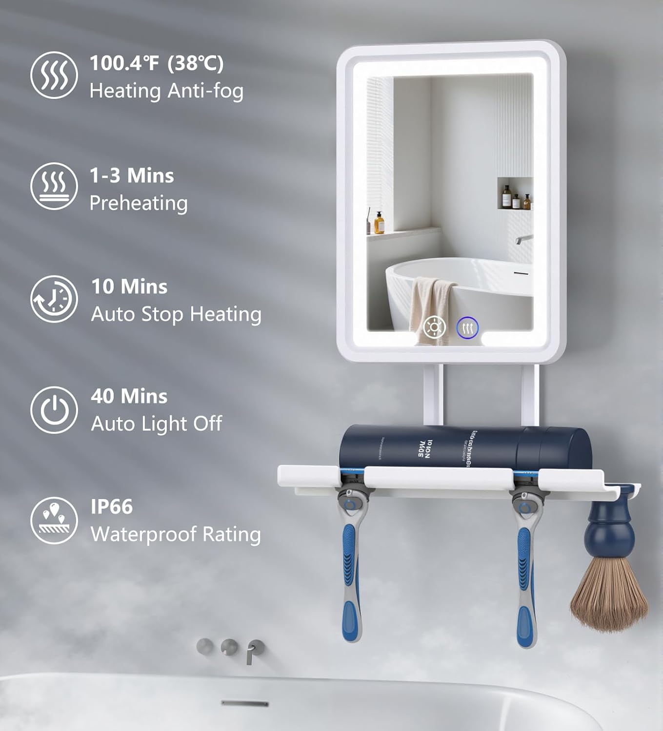 Heated Shower Mirror - Fogless Lighted Shaving Mirror with 360° Adjustable Design | Rechargeable, White