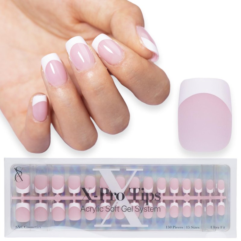 French Tip Press On Nails - Pink Extra Short Square | 150 Pieces in 15 Sizes with Pre-Applied Primer and Base Coat