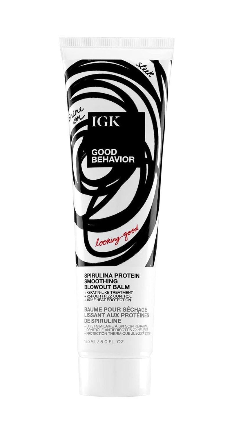 IGK Good Behavior Spirulina Protein Smoothing Blowout Balm - Anti-Frizz Heat Protectant & Styling Cream for Sleek Hair