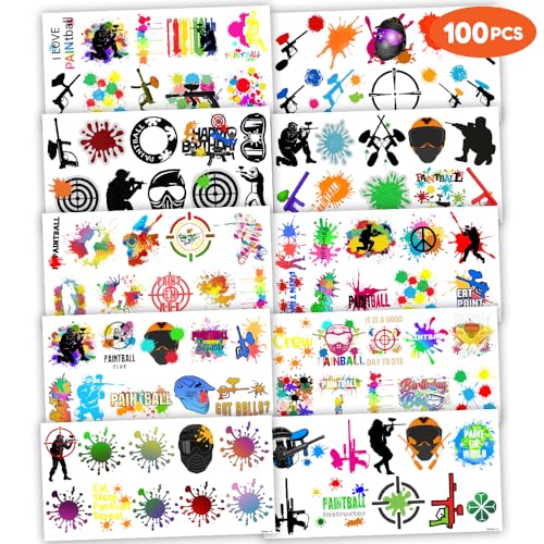 Paintball Temporary Tattoos Gun Birthday Party Decorations Favors Supplies Shooting Themed Cute Stickers 10 Sheets 100 PCS Gifts for Baby Girls Boys Class School Carnival