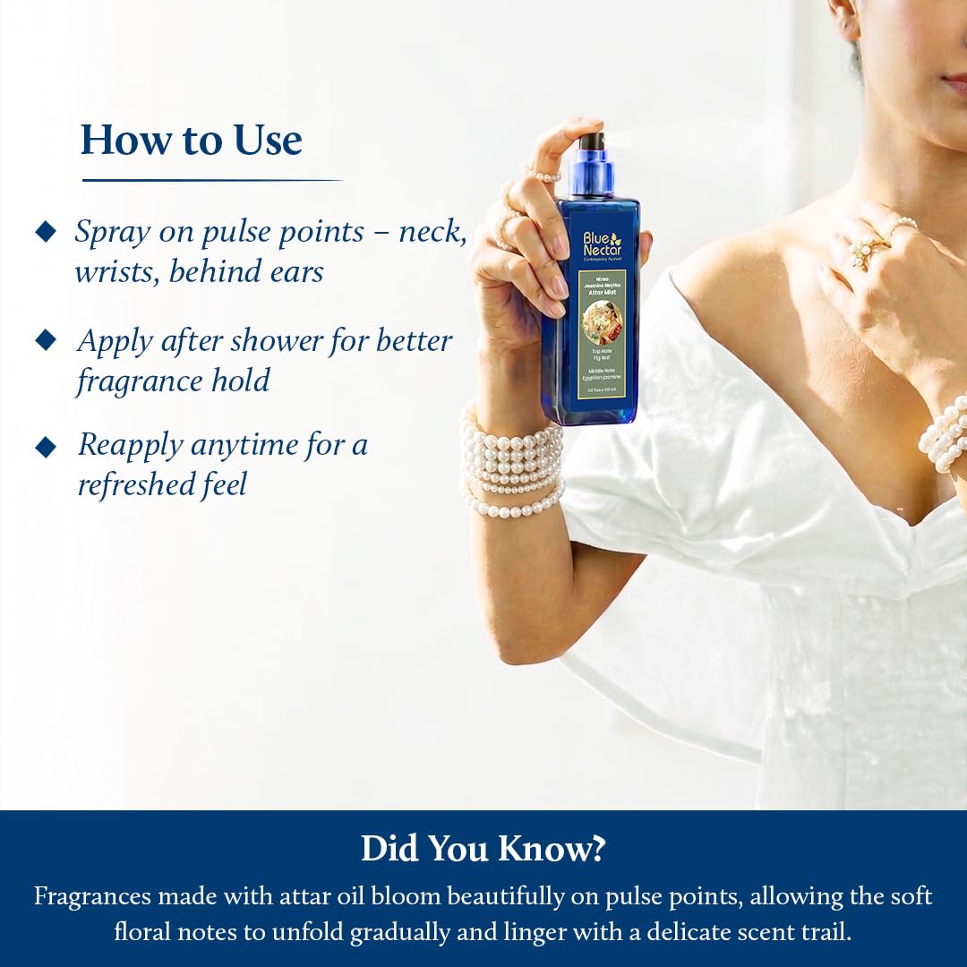 Blue Nectar Maharani Rose Attar Mist with Cumin & Sandalwood | Long-Lasting Perfume Mist for Women | Floral Essence | Travel-Friendly Body Mist Spray (3.38 Fl Oz)