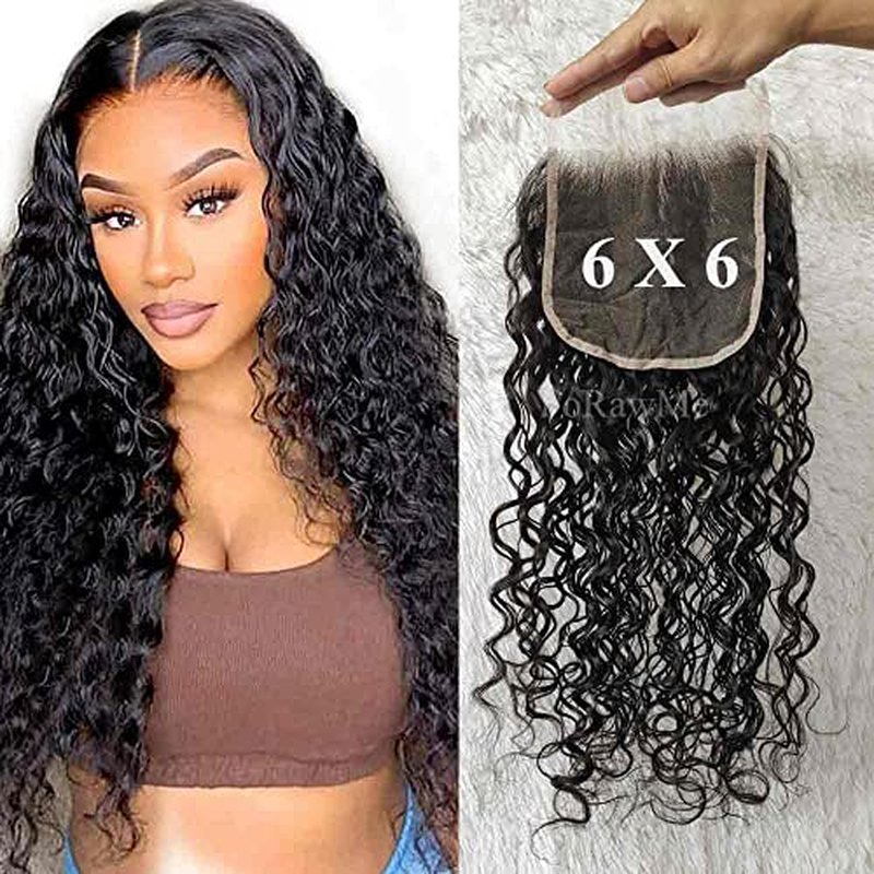 10A Unprocessed Brazilian Hair Transparent Swiss Lace Closure 6X6 20 Inch 1B Soft Remy Human Hair Water Wave Lace Closure With Pre Plucked