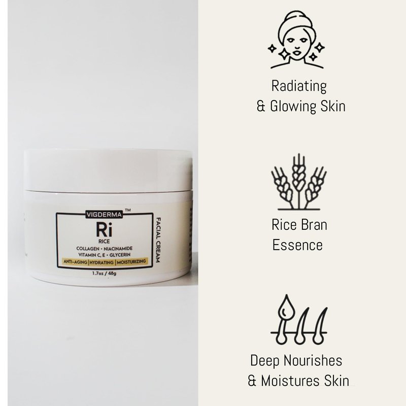 VIGDERMA Rice Facial Light Cream 1.7oz, Rice Bran Essence with Collagen, Niacinamide, Vitamin C, Glowing Look, Improves Moisture Skin Barrier, Nourishes Deeply, K Beauty