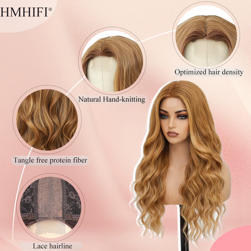 HMHIFI Long Brown Mixed Blonde Wigs for Women Highlights Blonde Wig Natural Middle Part Synthetic Curly Hair Heat Resistant Fiber Hair Replacement Wigs for Daily Party