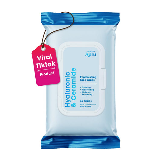 Radiant Aura Hyaluronic Acid & Ceramide Face Wipes – Dermatologist Tested, Anti-Aging, Korean Skin Care – Removes Makeup, Deep Hydration, Strengthens Skin Barrier – Vegan, Clean Beauty – 240 Count