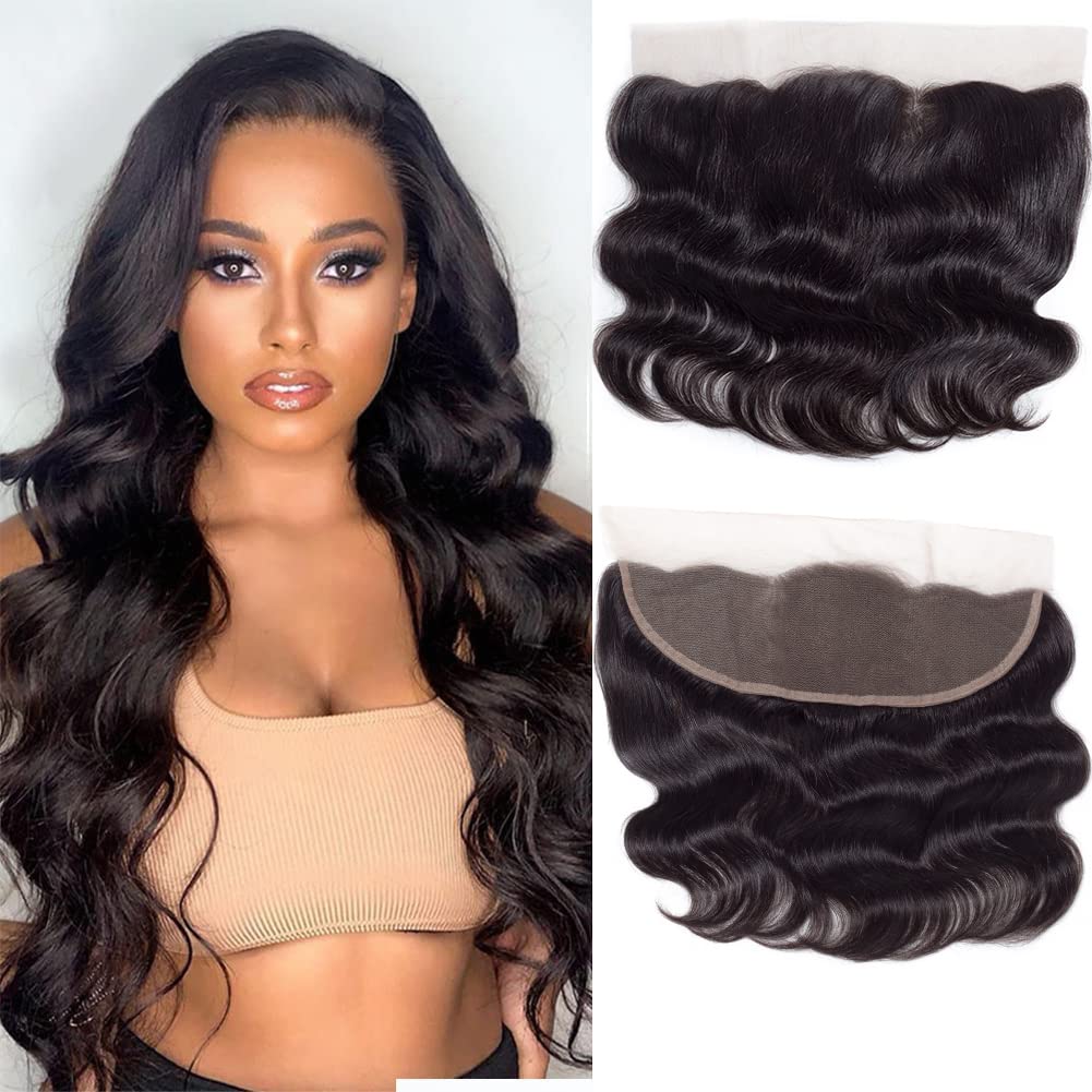 Amella 13x4 Lace Frontal Ear To Ear Transparent Lace Frontal Closure 14 Inch Brazilian Body Wave Human Hair Full Lace Frontal Free Part 130% Density Frontal Pre Plucked with Baby Hair Natural Color