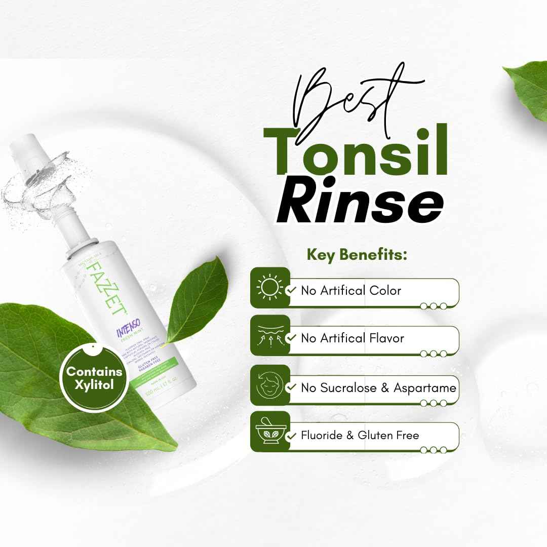 FAZZET Intenso Fluoride Oral Rinse – Soothe Tonsils, Combat Bad Breath – Alcohol, Gluten, and Paraben Free Mouthwash – Fresh Mint Flavor